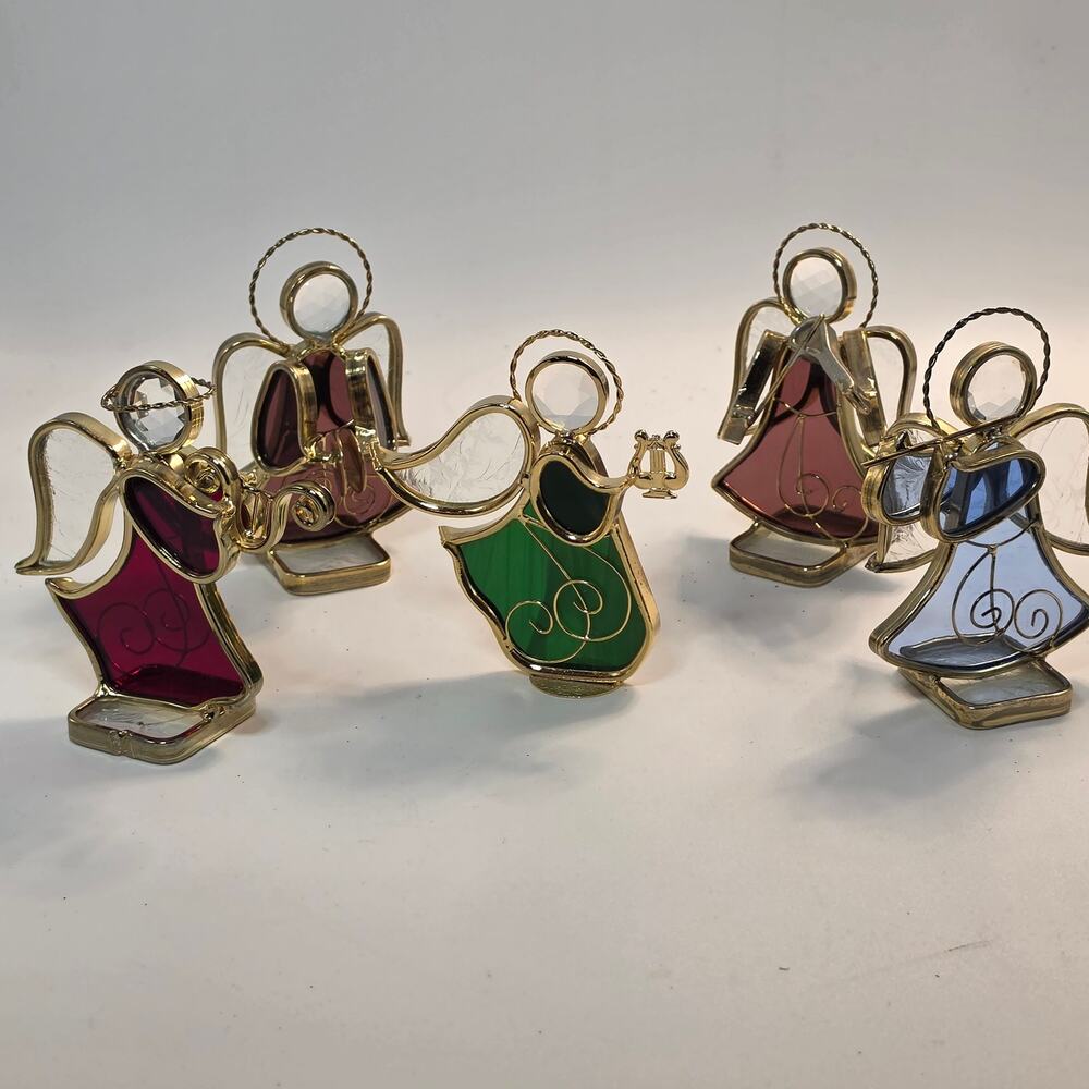 Stained Glass Musical Angel Orchestra Figurines, Set of 5, Holiday Vintage Band